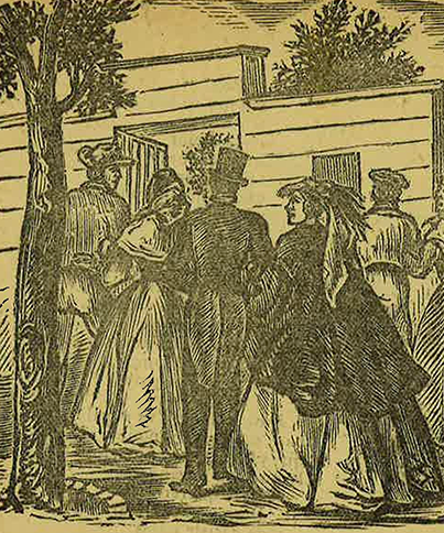 Woodcut representing men and women walking in the street