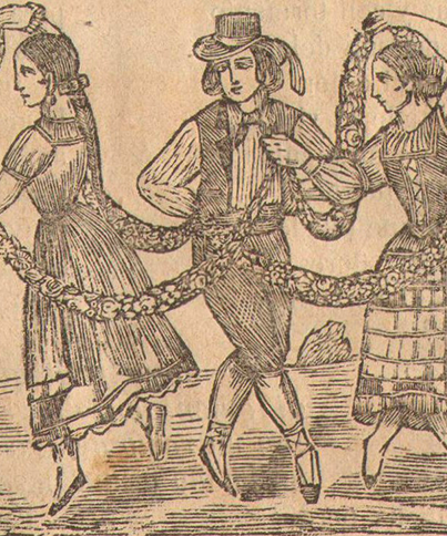 Gravure d'un homme et de deux femmes dansant