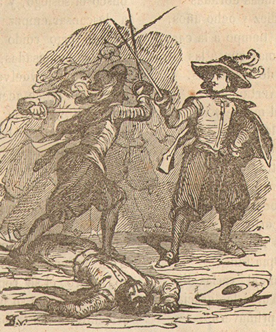 Woodcut of a solider fighting three other men