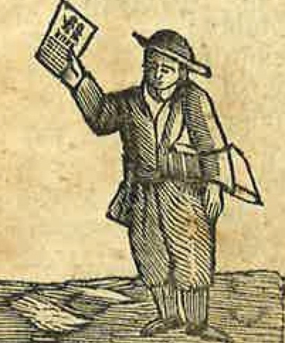 Woodcut of a peddler distributing chapbooks