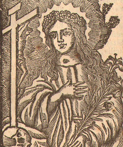 Woodcut of a saint with a cross and a flower