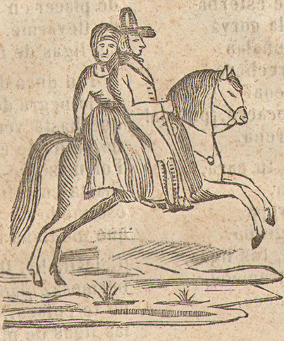 Woodcut of a couple riding a horse