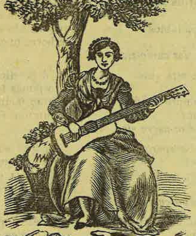 Woodcut of a lady playing the guitar under a tree